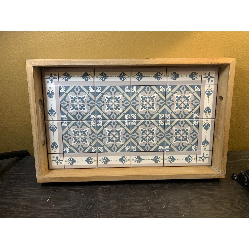 CBK Decorative Tile Resin Accent Wood Tray In Gray Blue And White